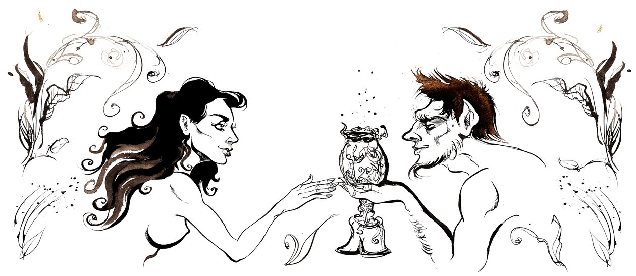 Margarita találkozása a kecskelábú emberrel Mihail Bulgakov (orosz drámaíró és író, 1891-1940) A Mester és Margaritájából; tusrajz, 2015 alkotó: Neale Osborne