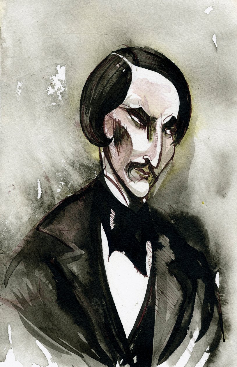 Nikolai Gogol - az ukrán születésű orosz szerző karikatúrája alkotó: Neale Osborne