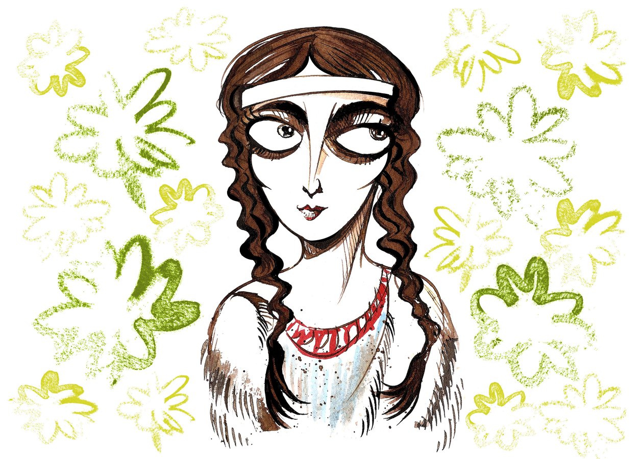 Pocahontas, amerikai őslakos hercegnő és népi hősnő, személynév Matoaka, a virginiai Jamestown gyarmati település közelében született. alkotó: Neale Osborne