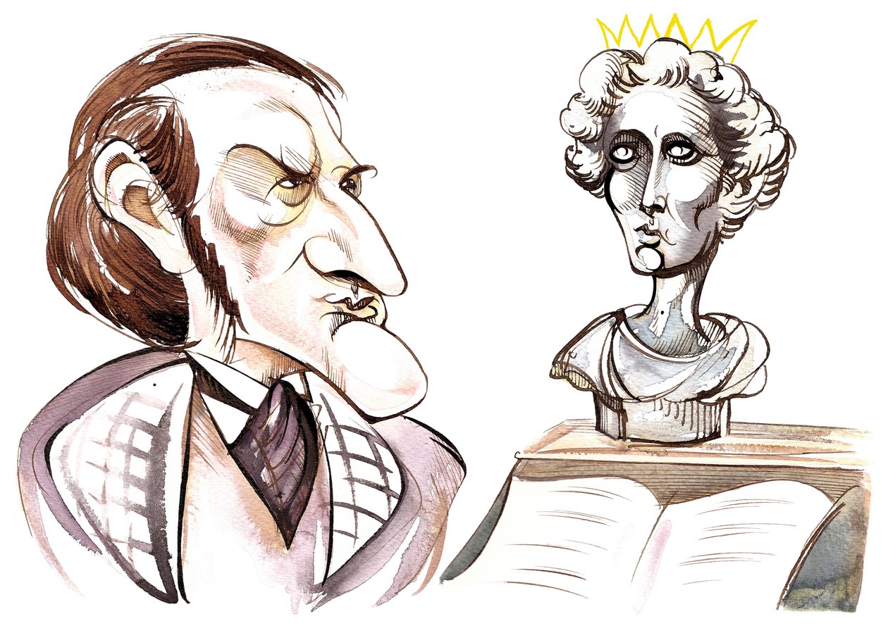 Richard Wagner – karikatúra német zeneszerzőről II. Ludwig őrült bajor király (1845-86) mellszobrával alkotó: Neale Osborne