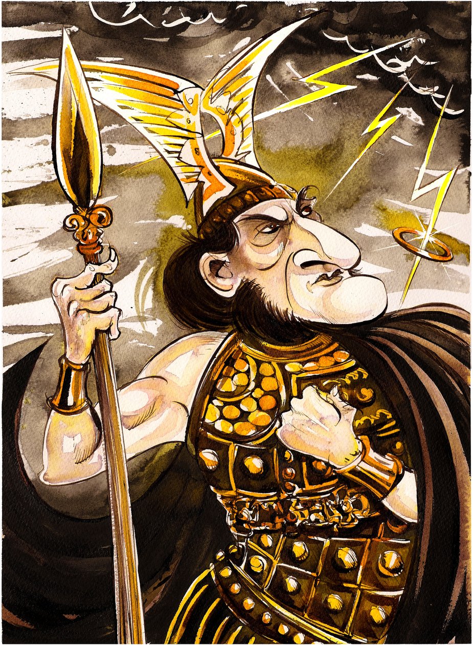 Richard Wagner mint Wotan – karikatúra az istenek uralkodójaként A Nibelung gyűrűje című operaciklusban (1876) alkotó: Neale Osborne