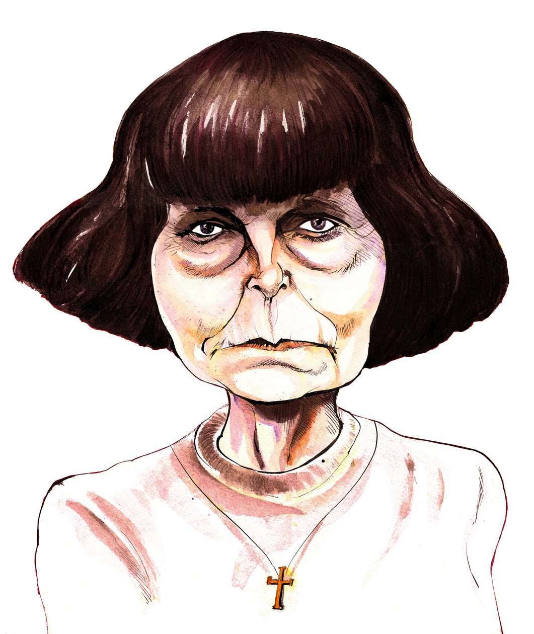 Sofia Gubaidulina, orosz zeneszerző színes tus karikatúra alkotó: Neale Osborne