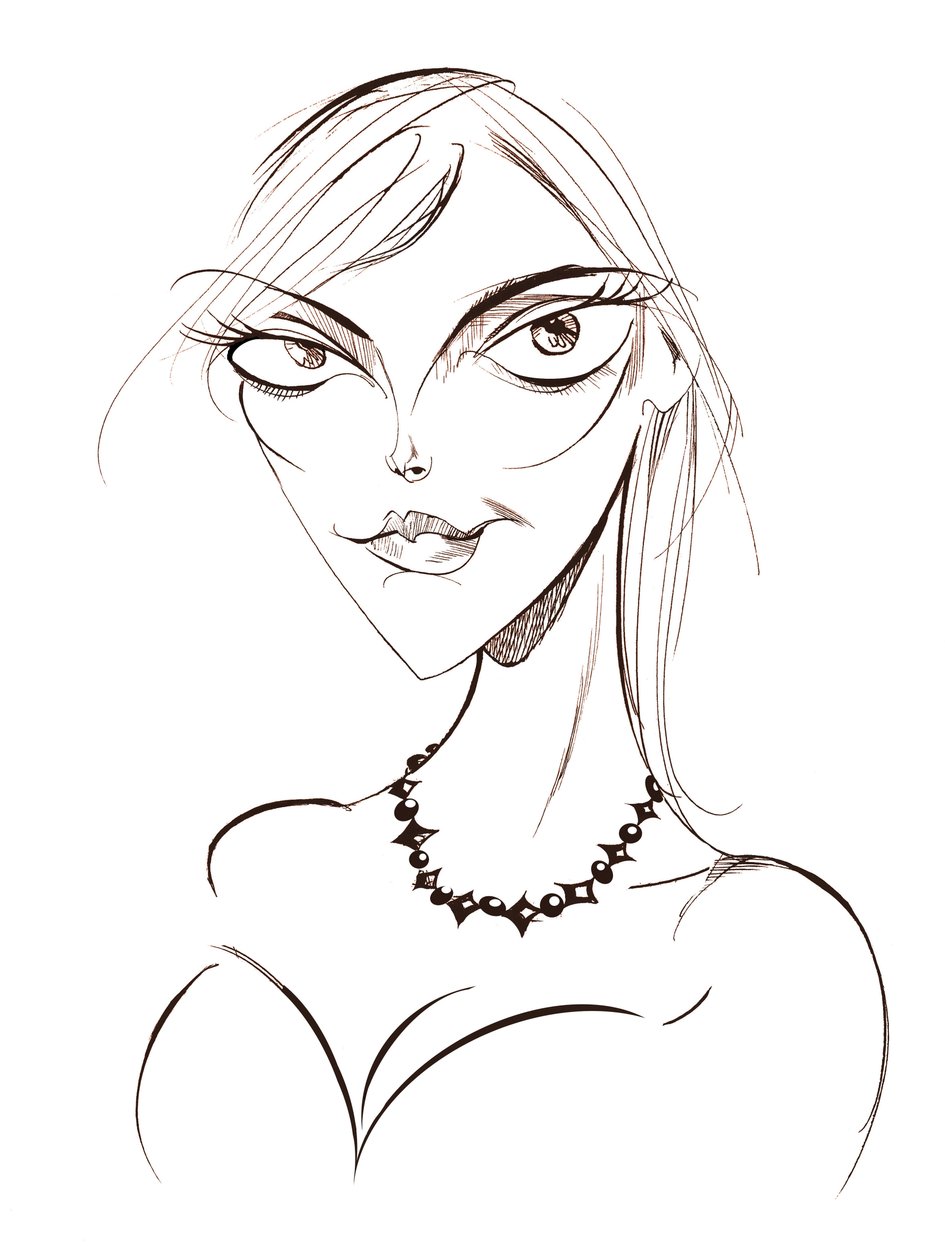 Sophie Dahl, angol író és modell, szépia vonalas karikatúra, 2008, Neale Osborne alkotó: Neale Osborne