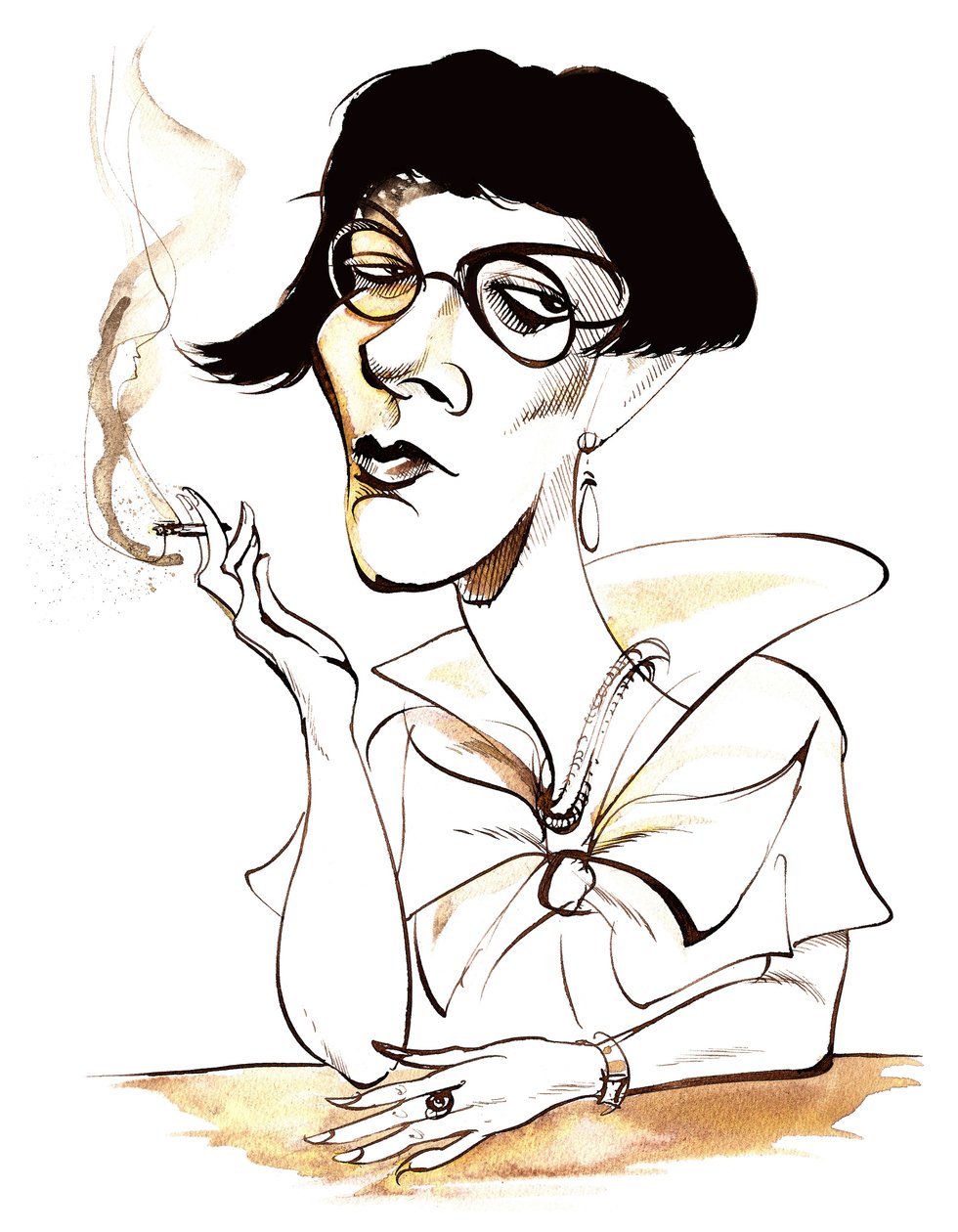 Sylvia Townsend Warner - karikatúra cigarettával a kezében alkotó: Neale Osborne