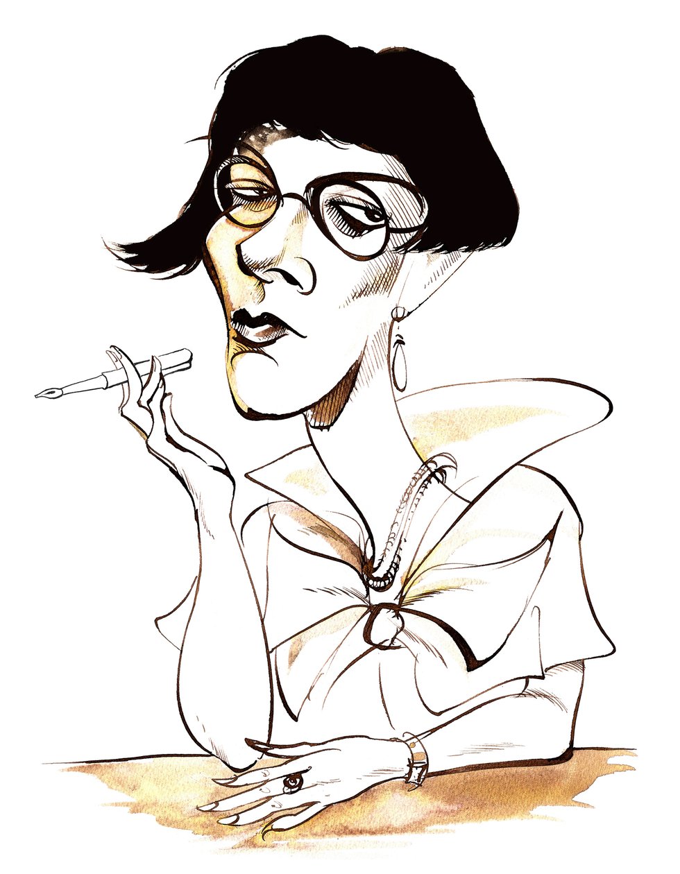 Sylvia Townsend Warner - karikatúra tollat tartva alkotó: Neale Osborne