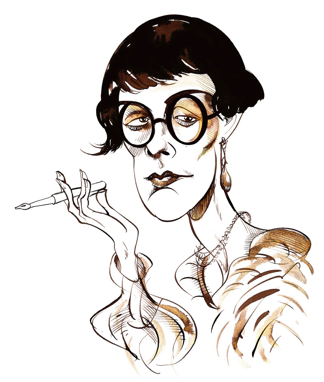 Sylvia Townsend Warner - karikatúra tollat tartva alkotó: Neale Osborne