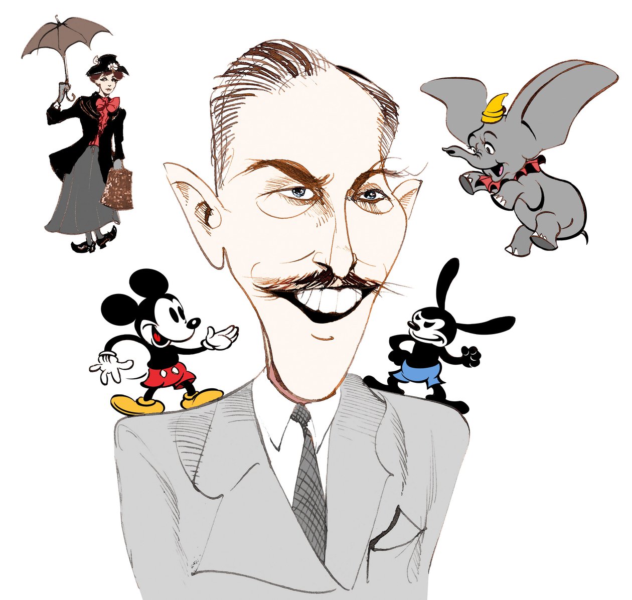 Walt Disney amerikai filmproducer, üzleti mágnás, karikaturista és animátor; karikatúrázva Mary Poppinsszal alkotó: Neale Osborne