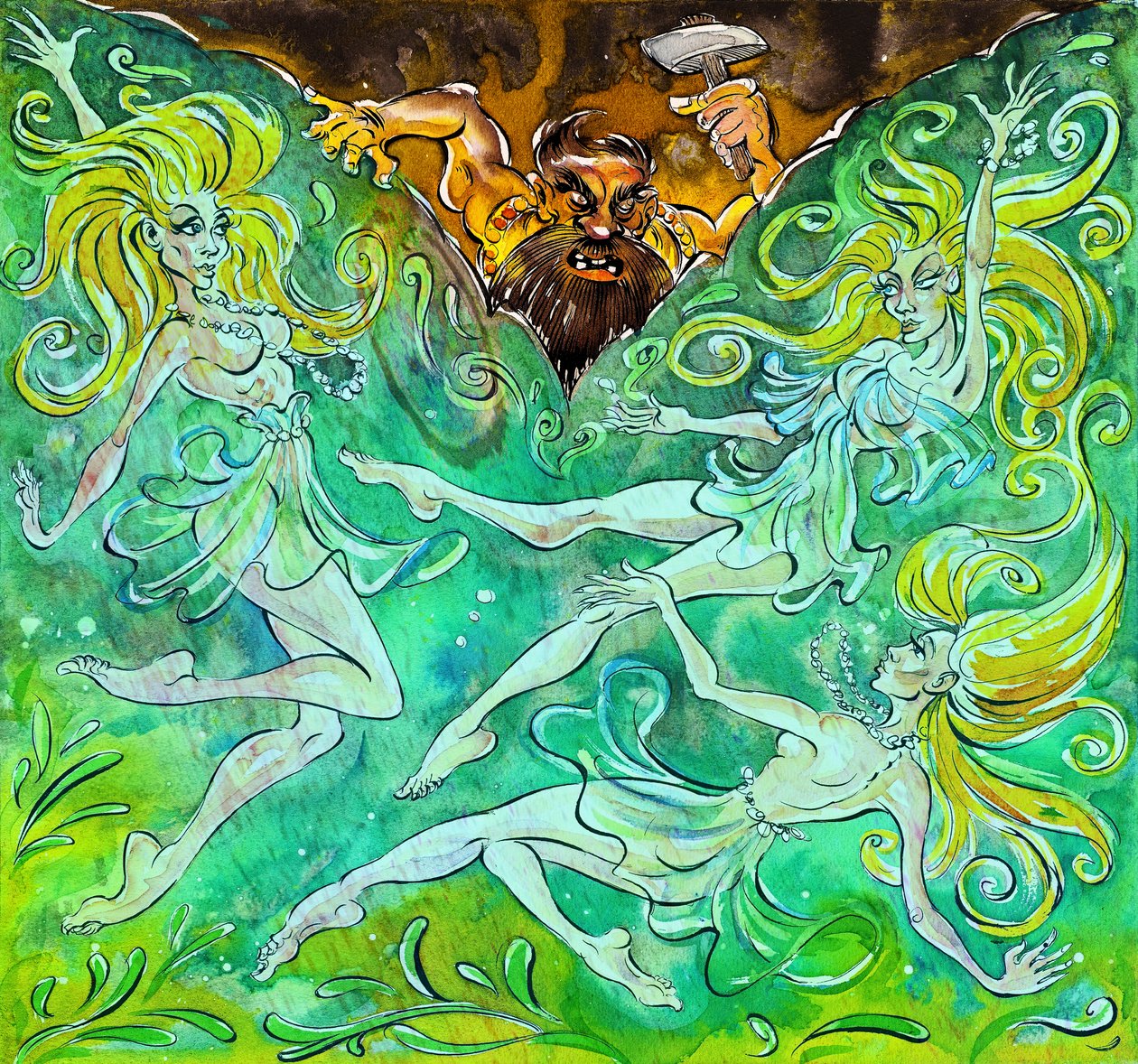 Alberich és a Rajnai lányok – a „Das Rheingold” illusztrációja alkotó: Neale Osborne