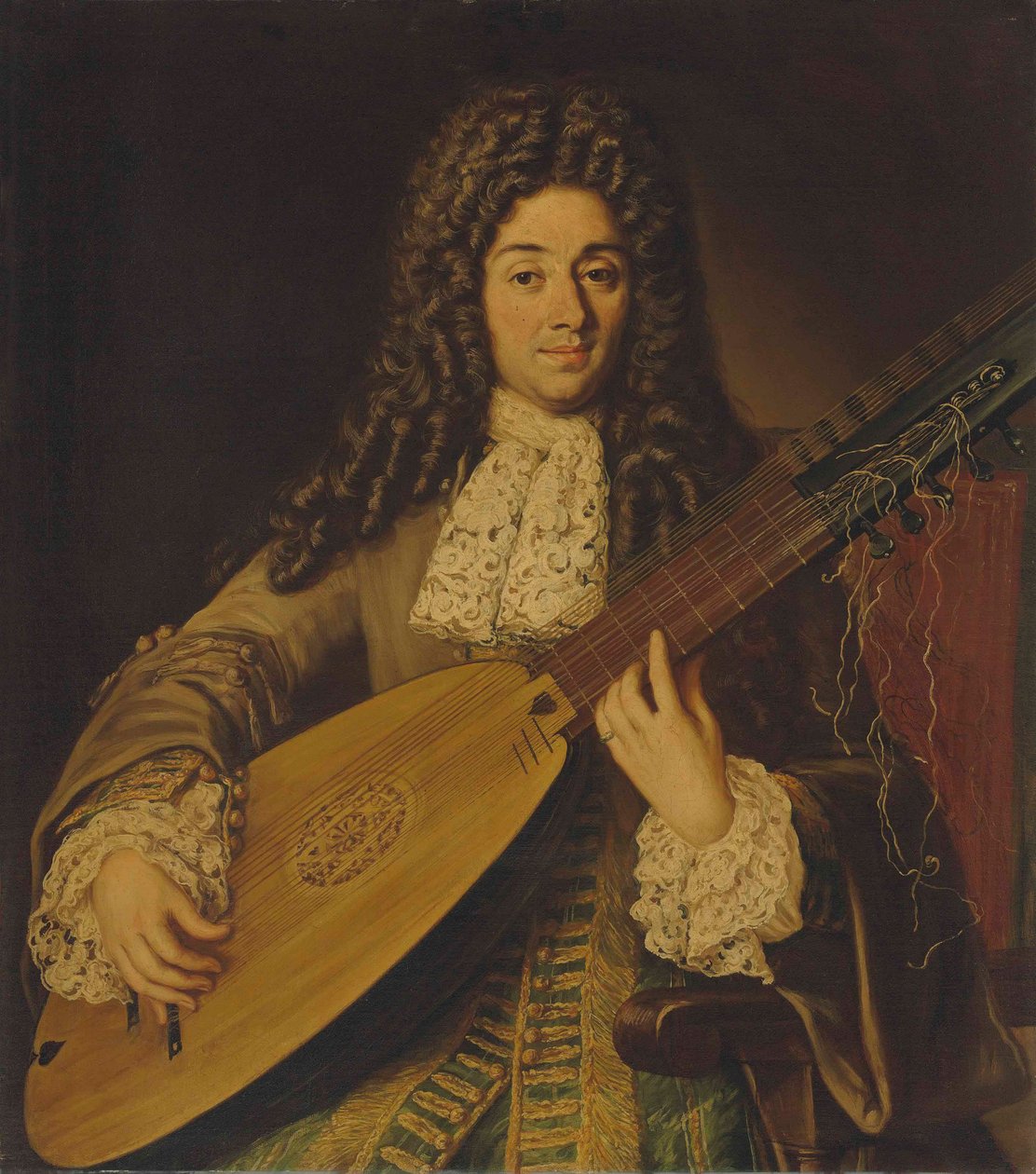 Egy zenész, valószínűleg Petruccio portréja, félalakos, teorbón játszik alkotó: Neapolitan School