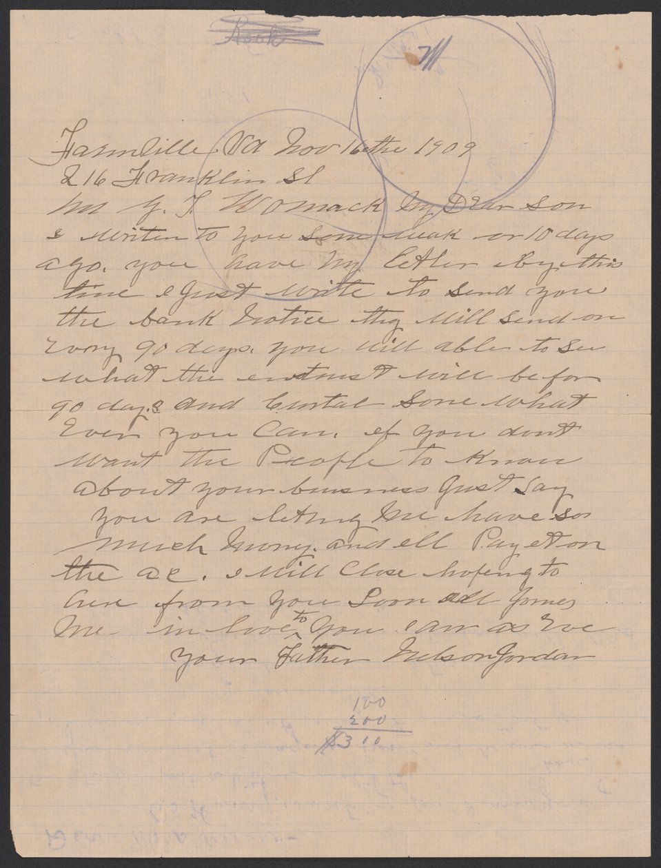Nelson Jordan levele Julia Womacknak egy borítékkal, 1909. november 16. alkotó: Nelson Jordan