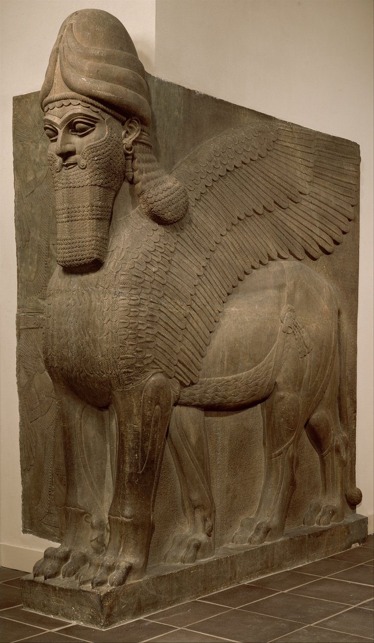 Emberfejű szárnyas oroszlán (lamassu), ie 883-859 körül (gipsalabástrom) alkotó: Neo Assyrian