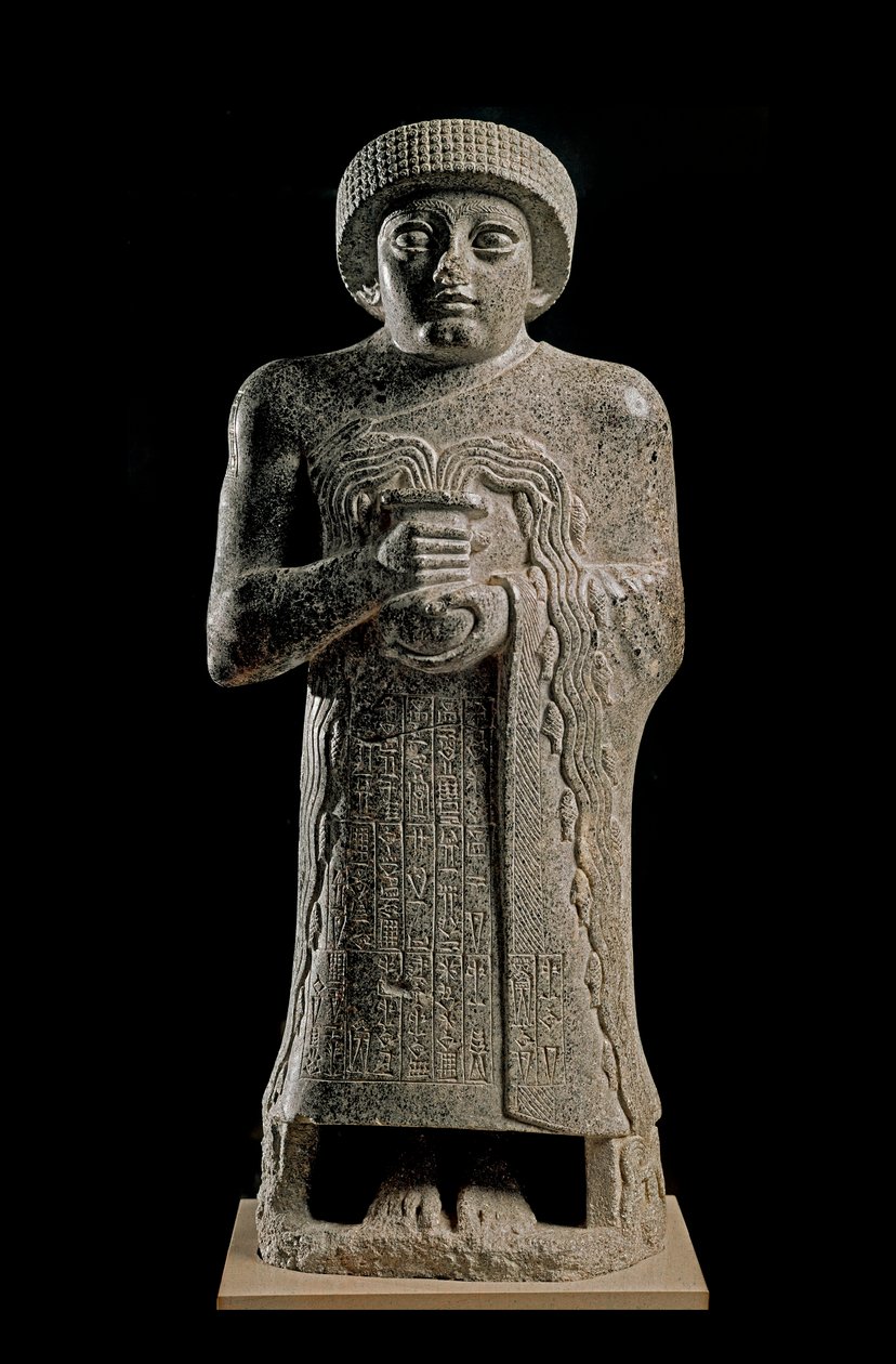 Sumér művészet: Gudea, Lagash hercege szobrának részlete, „a kitörő vázával”” és Geshtinanna istennőnek ajánlották alkotó: Neo Sumerian Neo Sumerian