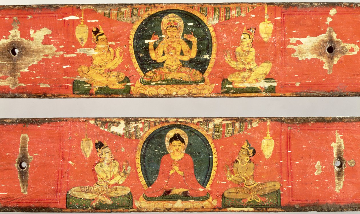 Ülő Bodhiszattva (Prajnaparamita) (felül) és Buddha, körülvéve egy mandorla (lent) részlettel a szútra borítókból, 1100 körül (polikróm fa) (114238 részlet) alkotó: Nepalese School