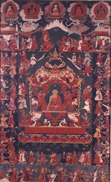 Buddha beavatja az alamizsnavétel gyakorlatát, a „The Prabha”-tól (függő tekercs) alkotó: Nepalese School