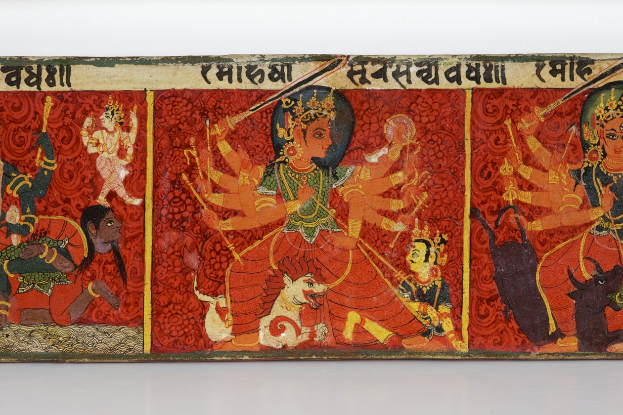 Részlet egy Devimahatmya kéziratos borítóból (átlátszatlan wc fán) alkotó: Nepalese School