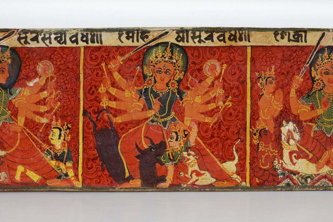 Részlet egy Devimahatmya kéziratos borítóból (átlátszatlan wc fán) alkotó: Nepalese School
