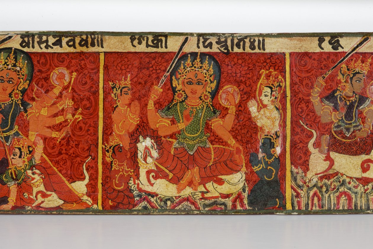 Részlet egy Devimahatmya kéziratos borítóból (átlátszatlan wc fán) alkotó: Nepalese School