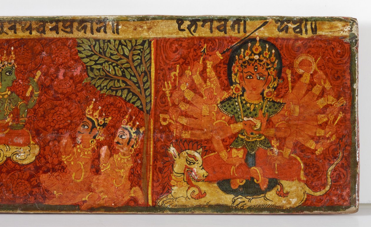 Részlet egy Devimahatmya kéziratos borítóból (átlátszatlan wc fán) alkotó: Nepalese School