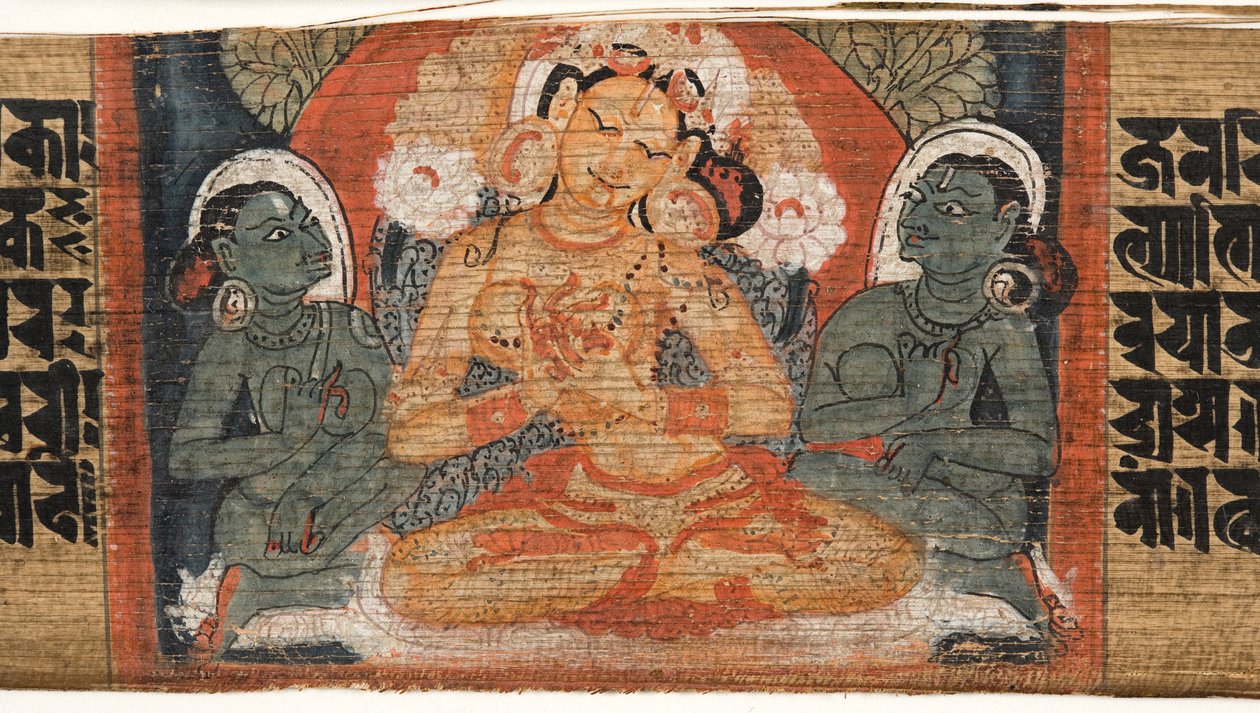 Folio 2r Prajnaparamita istennő, az Astasahasrika Prajnaparamita-tól (tinta és színek pálmaleveleken és fán) (430760 részlet) alkotó: Nepalese School