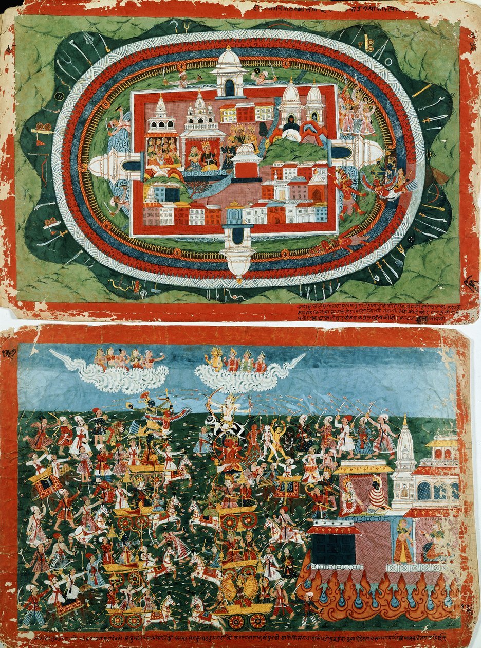 Krisna megtámadja a bevehetetlen Prag-jyoshita kastélyt, hogy visszaszerezze Aditi fülbevalóit, c. 1775 alkotó: Nepalese School