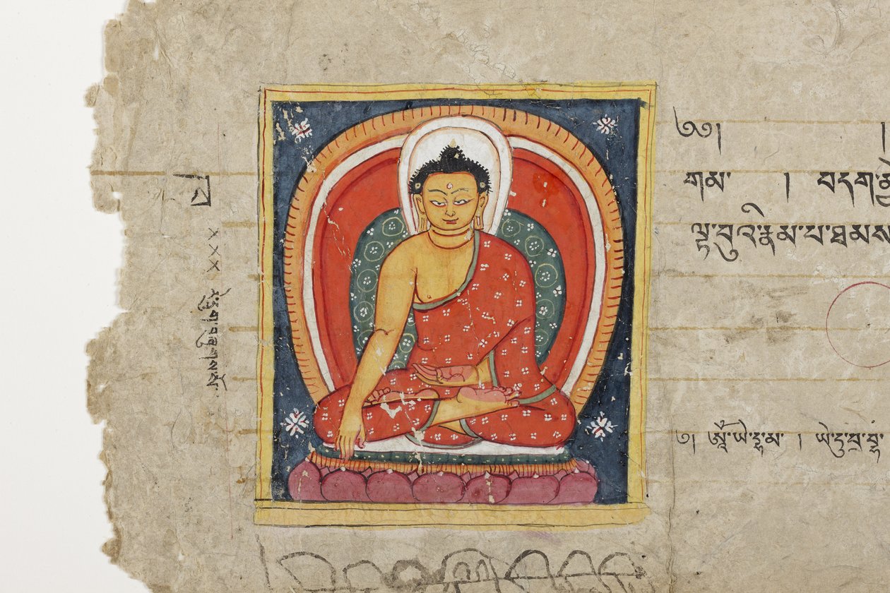 Oldal egy buddhista kéziratból, valószínűleg a Mahashitalanika-ból, 1400 körül (átlátszatlan akvarell és tinta, papír). alkotó: Nepalese School