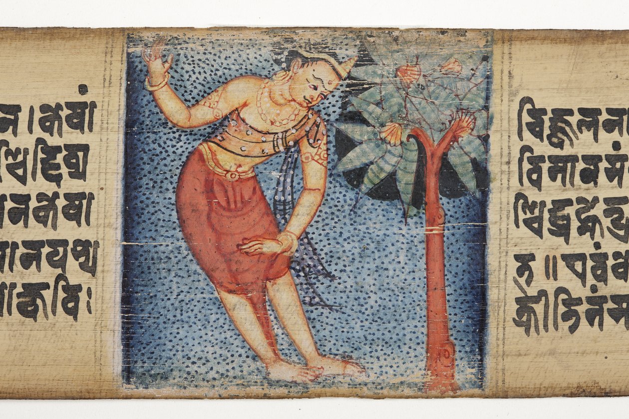 Sudhana egy fa mellett, a Gandavyuhától (átlátszatlan wc és tinta pálmalevélen) alkotó: Nepalese School