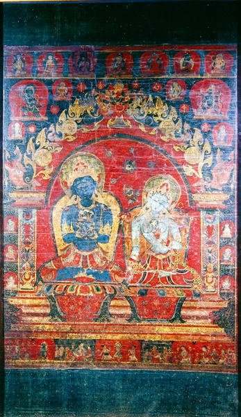 Thangka festmény, amely Adibuddhát Vadzsradharát ábrázolja (guache selyemen) alkotó: Nepalese School
