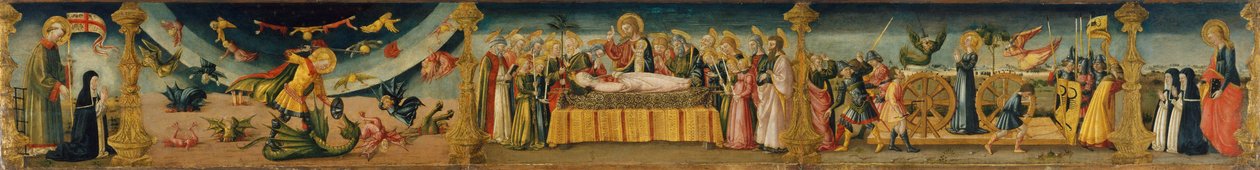 Szent Lőrinc, Szent Mihály és a sárkány, a Dormitio Virginis és Szent Katalin mártíromsága. alkotó: Neri di Bicci