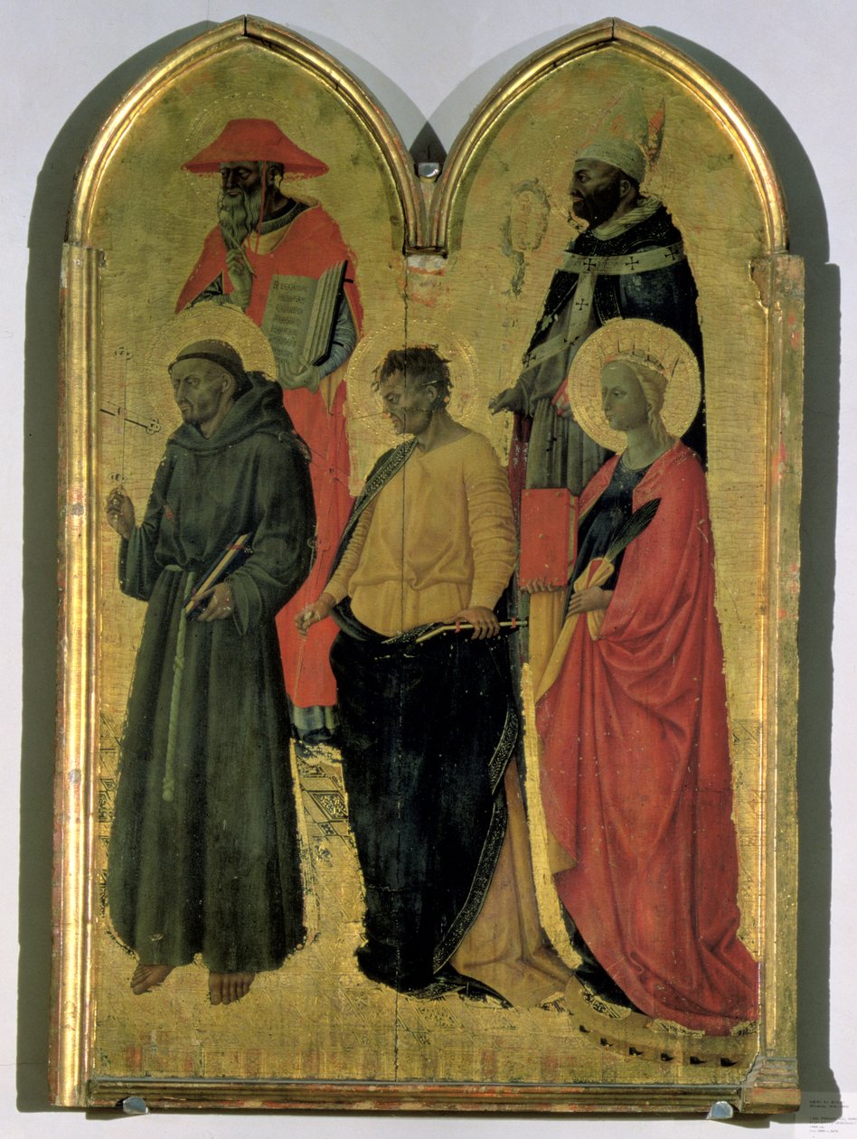Szent Ferenc, Szent Jeromos, Szent Fülöp, Szent Katalin és egy püspök szent, 1444 körül (tempera, tábla) alkotó: Neri di Bicci