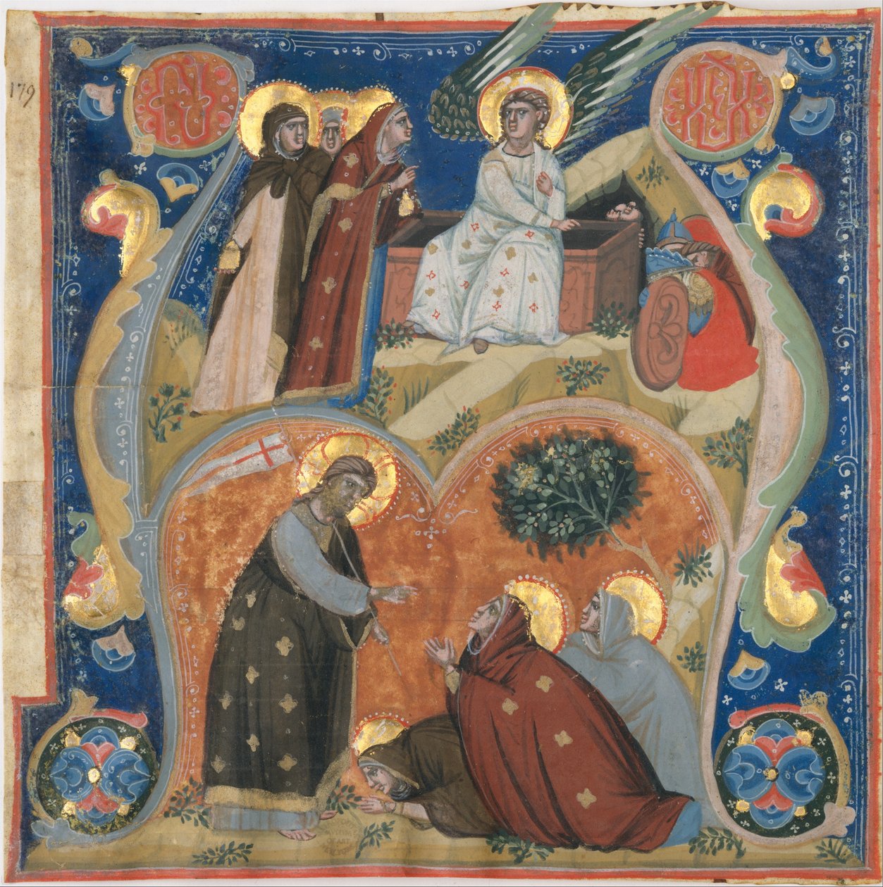 Kéziratos megvilágítás húsvéti jelenetekkel az A kezdetben, egy antifóniából, kb. 1320. alkotó: Neri da Rimini