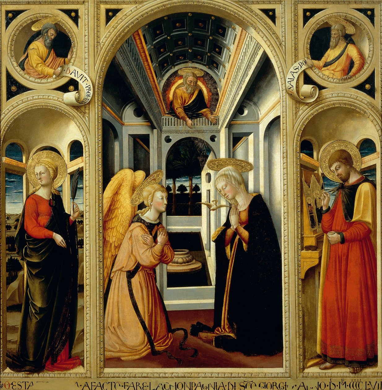Angyali üdvözlet Szent Apollóniáról, Szent Lukácsról, valamint Dávid és Ésaiás prófétáról, Neri di Bicci (1418-1492) alkotó: Neri di Bicci
