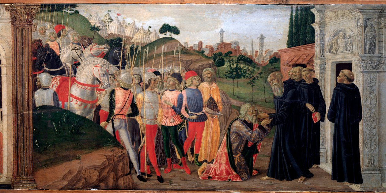 Totila, az osztrogótok királya Nursiai Benedeket látogatója - Predelle részlete, Kr. e. 1470 alkotó: Neroccio di  Landi