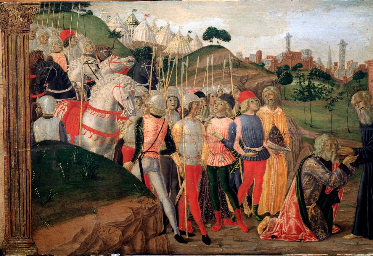 Totila, az osztrogótok királya Nursiai Benedeket látogatója - Predelle részlete, Kr. e. 1470 alkotó: Neroccio di  Landi