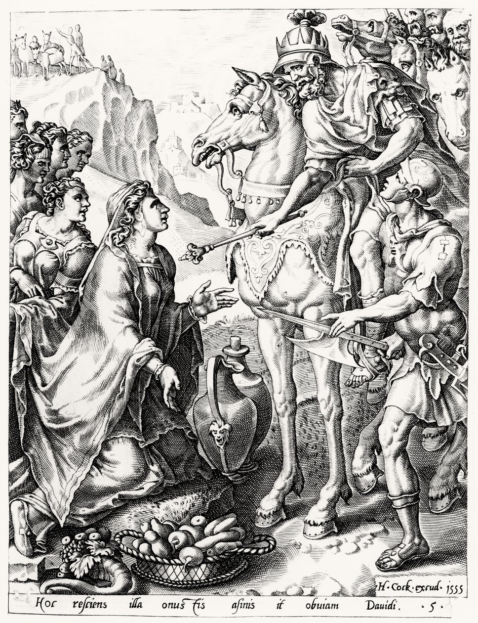 Abigail felajánlása Dávid királynak, Hieronymus Cock (1510-70 körül) metszete, 1555 alkotó: Netherlandish School