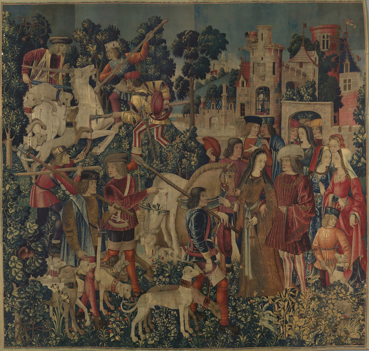 Az egyszarvút megölik és a kastélyba hozták, 1500 körül (gyapjú láncfonal gyapjúval, selyemmel, ezüsttel és aranyozott vetülékkel) alkotó: Netherlandish School