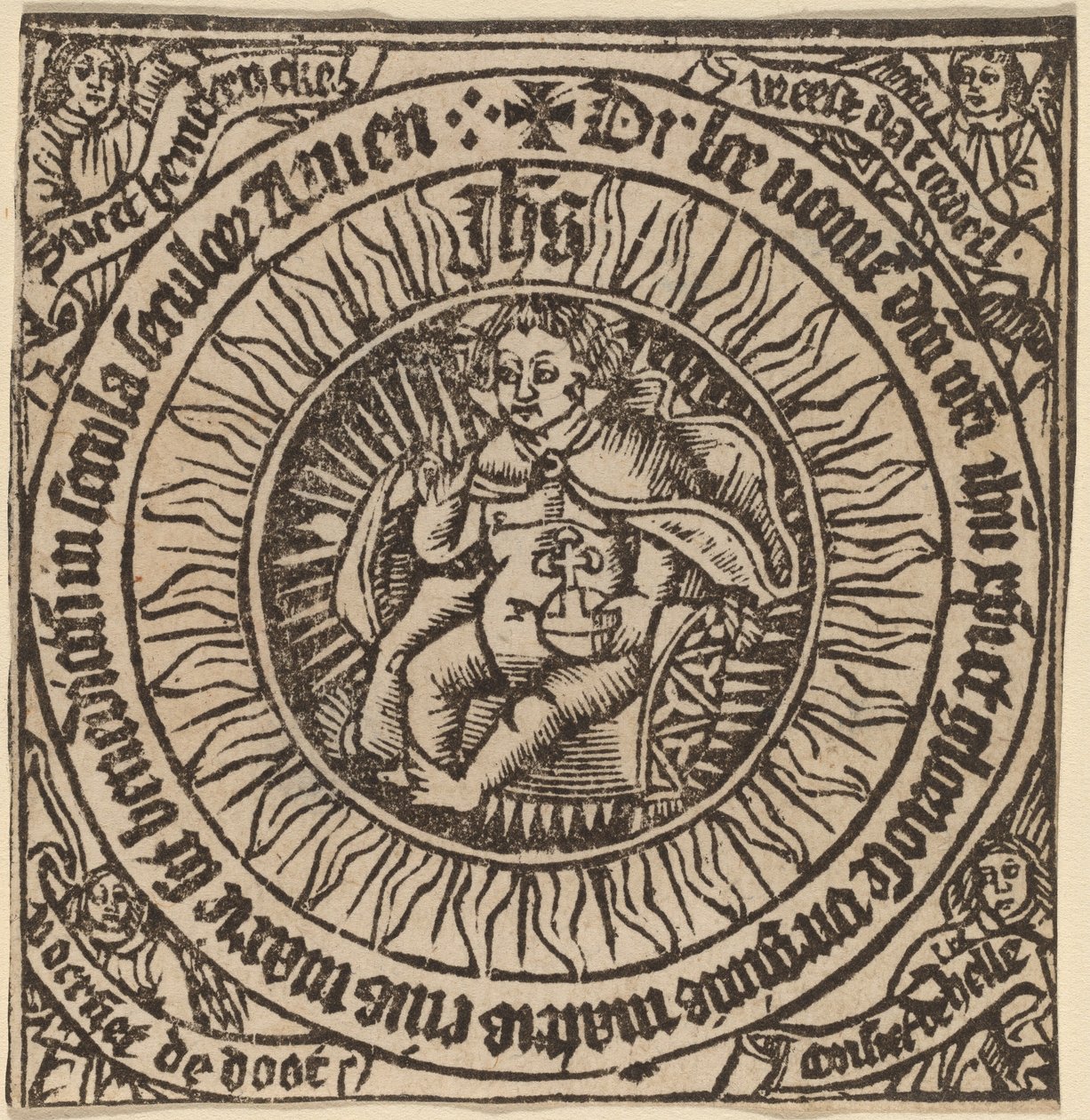 Isteni csecsemő a földgömbbel egy körben négy angyallal alkotó: Netherlandish 15th Century