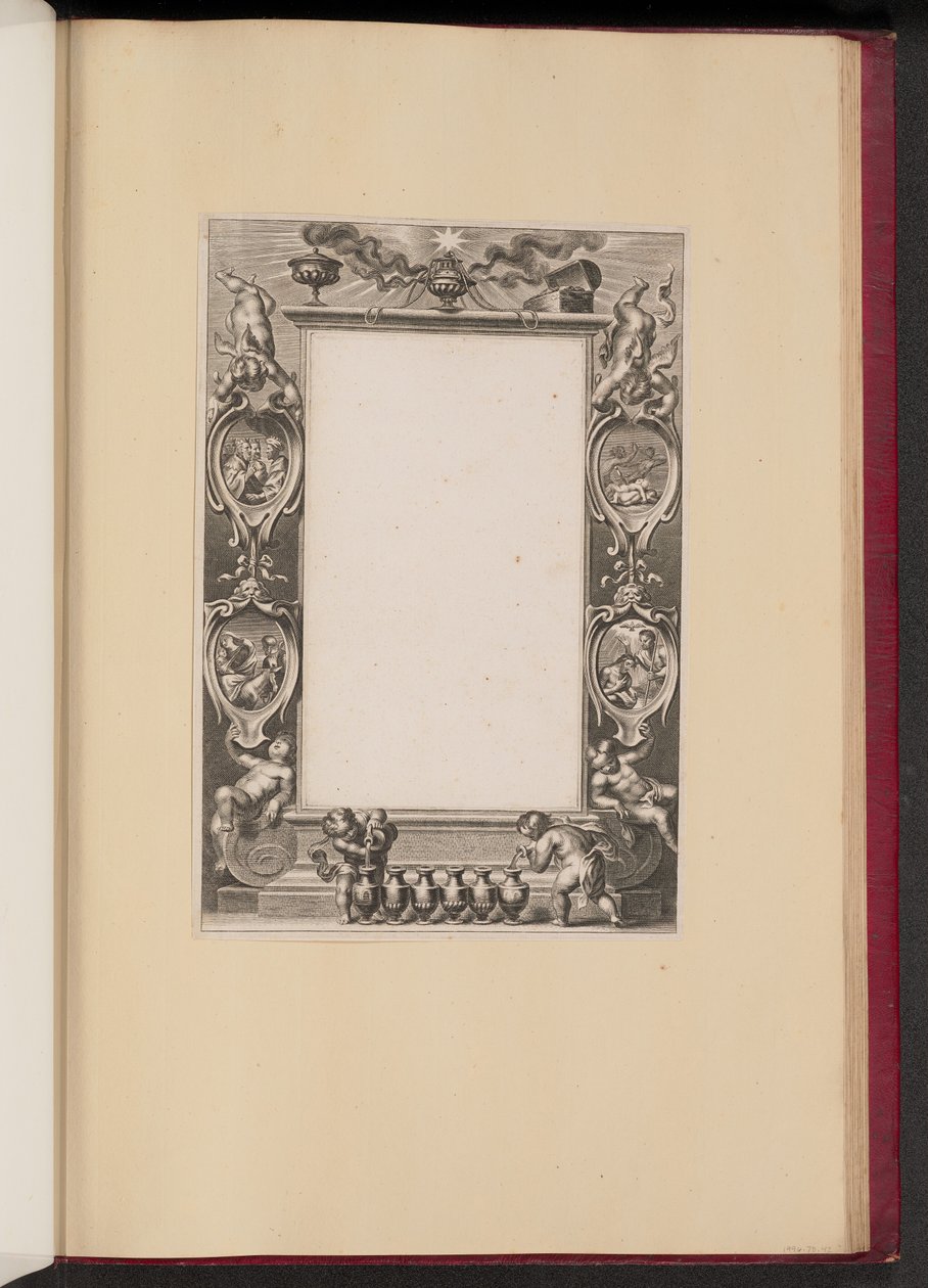 Szegély-illusztráció Krisztus életének jeleneteivel és a bort öntő puttival alkotó: Netherlandish 17th Century