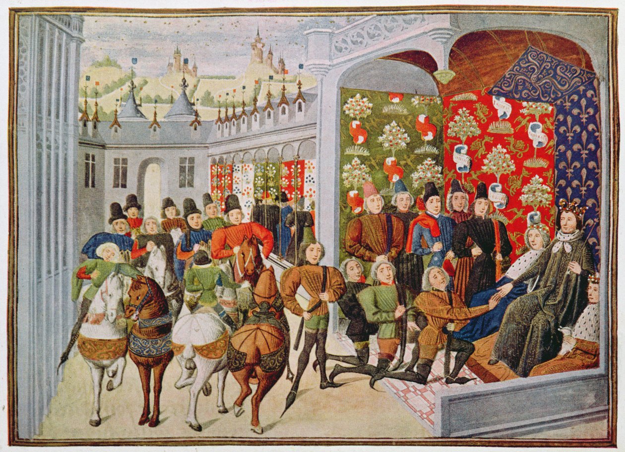 Harl 4380 f.40 VI. Károly francia király fogadja az angol követeket a Bruges-i Froissart krónikájából alkotó: Netherlandish School