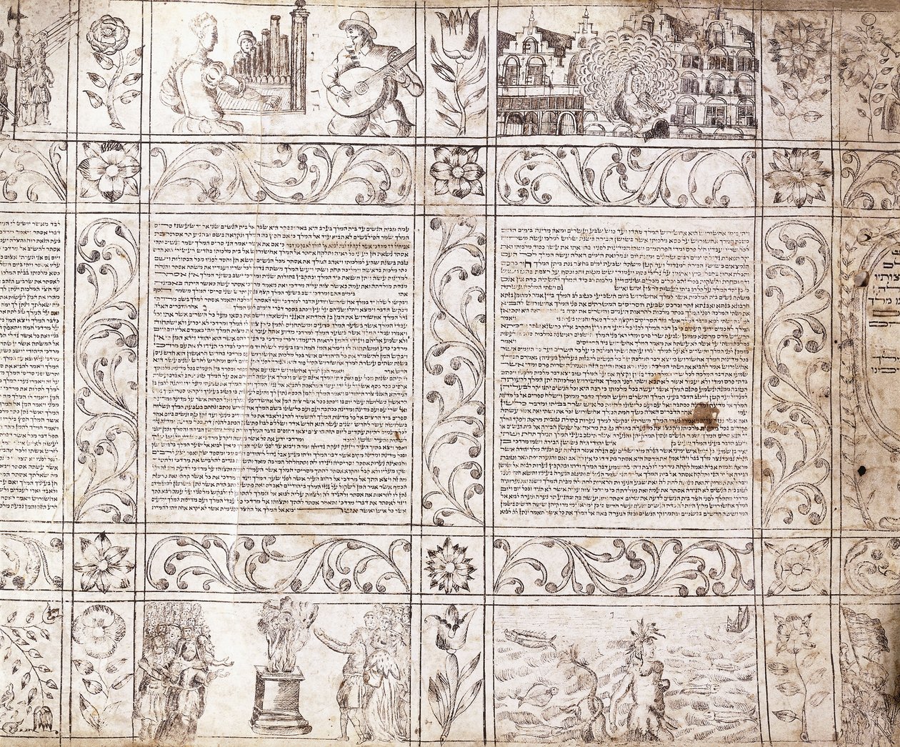 Világító kézirat szefárd írással, holland élet jeleneteit és a Bibliát bemutató virágkartusokkal, XVII. alkotó: Netherlandish School