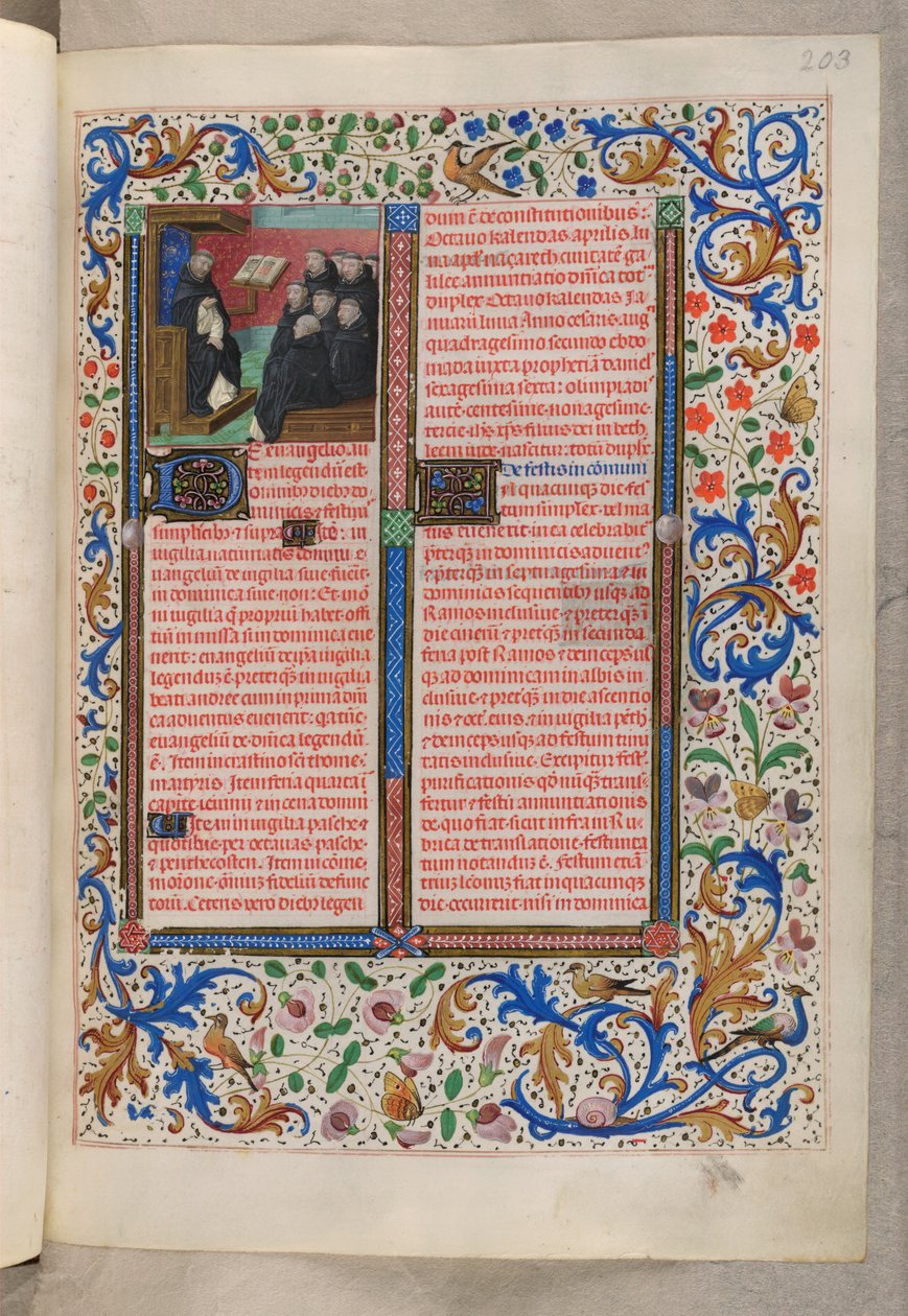 MS 18851, f.203r Dominikánus felolvasás testvéreinek (Rubrikák az ünnepekhez), Breviárium, Dominikánusok használata ("Kasztíliai Izabella királynő breviáriuma") alkotó: Netherlandish School