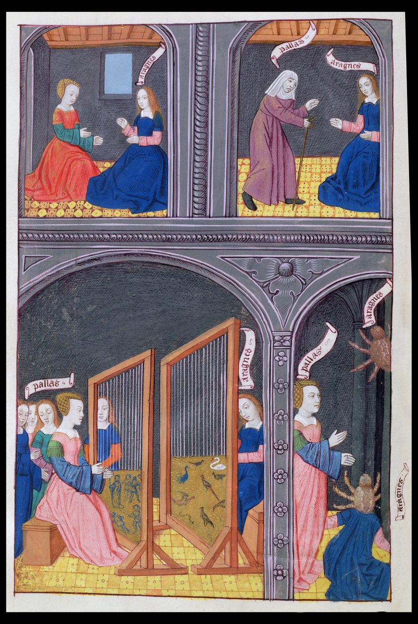 Ms 324 f.62 v. Arachne kihívja Pallast, és pók lesz belőle, Ovidius Metamorphoses 6 című művéből, 1479 alkotó: Netherlandish School