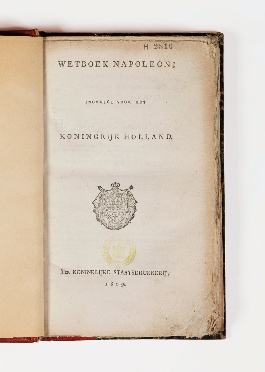 A Holland Királyság Napóleon-kódexe, megnyitva a címlapon, megjelent Koninklijke Staatsdrukkerij, 1809 (nyomtatott papír) alkotó: Netherlandish School