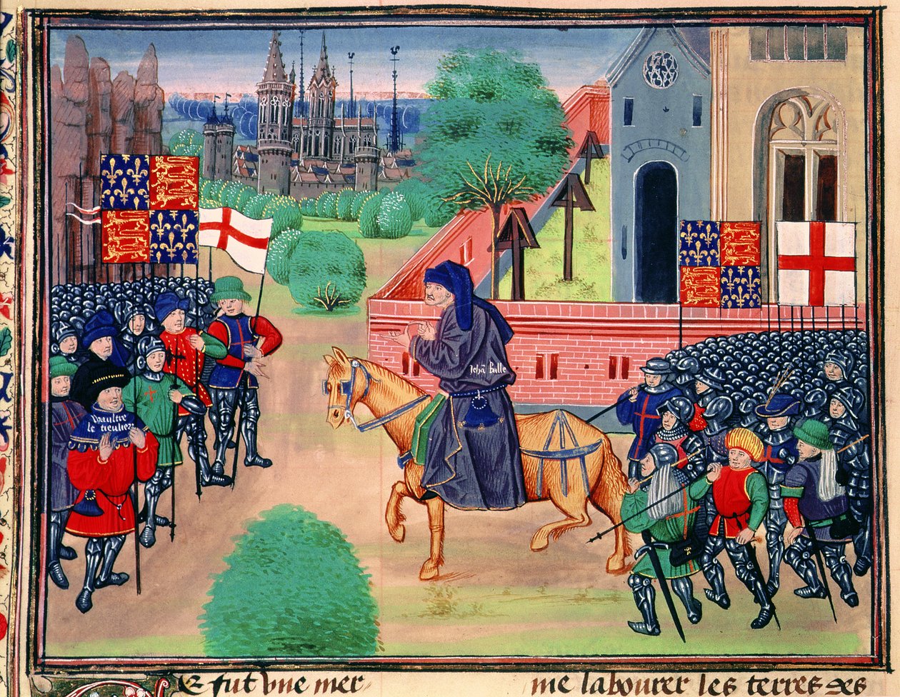 Roy 18 E I f.165v Parasztlázadás Anglia és St. George zászlóit ábrázolva, John Ball a lázadók élén, illusztráció a "Chroniques de France et d