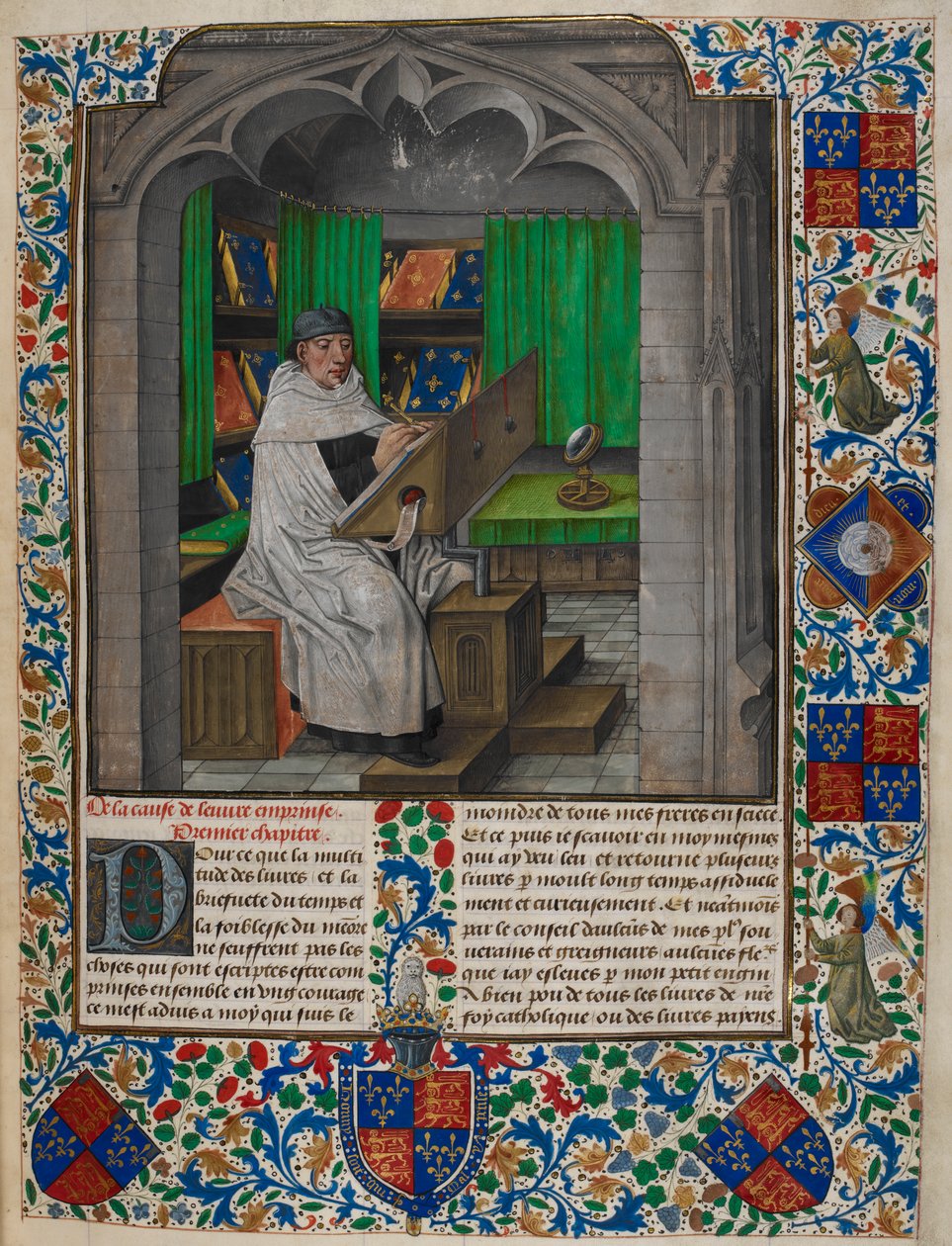 Royal 14 E. I f.3 Vincent de Beauvais az íróasztalánál olvas, a „Speculum Historiale, Book I” című művéből, Vincent of Beauvais és Jean de Vignay (vellum) alkotó: Netherlandish School