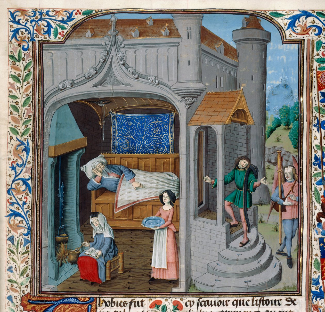 Royal 15 D,I, f.18, Tobit megvakítása és gyógyulása (vellum) alkotó: Netherlandish School