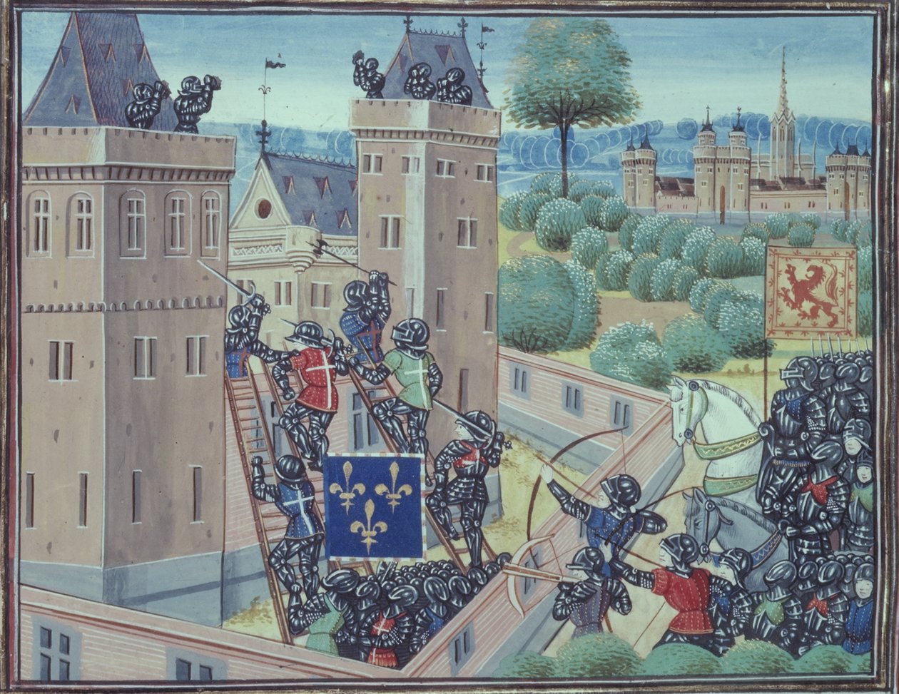 Royal 18 E.1 fol.345 Wark kastély elfoglalása a franciák és skótok által, Jean Froissart (kb. 1333-1404) „Chroniques de France et d