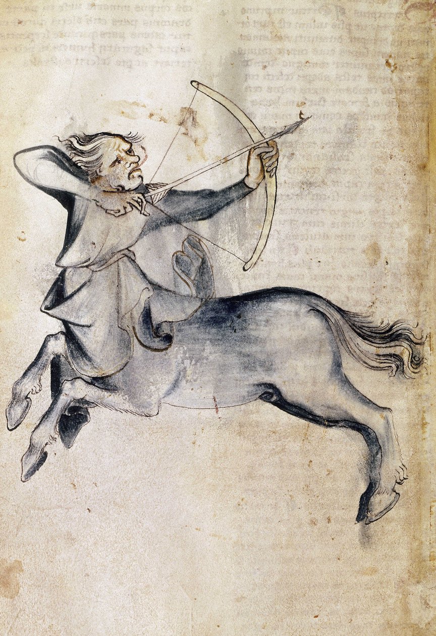 Sloane 3983 f.9v Nyilas rajza; egy perzsa asztrológiai értekezés, a "Liber Astrologiae" (vellum) fordításából alkotó: Netherlandish School