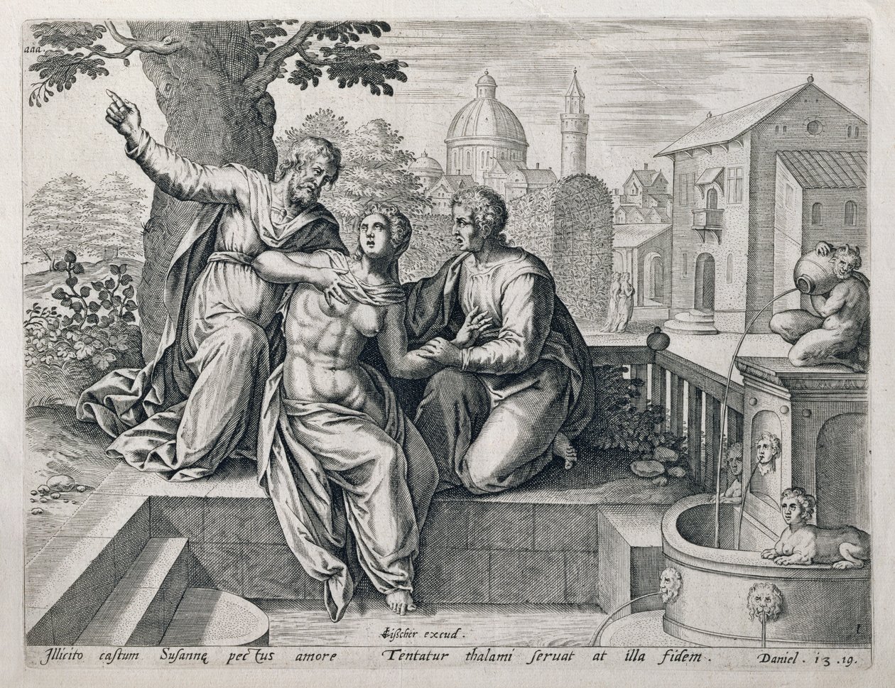 Susanna and the Elders, a Biblia jeleneteit illusztráló sorozatból, kocsma. szerző: Claes Jansz Visscher (1550 körül - 1612 körül) 1590 körül alkotó: Netherlandish School
