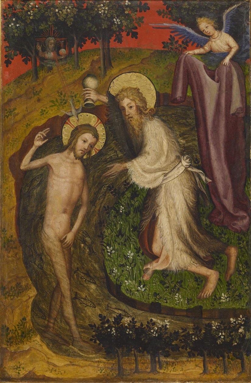 A keresztség, összecsukható oltárképről, 1400 körül (tempera és aranylevél a táblán) alkotó: Netherlandish School