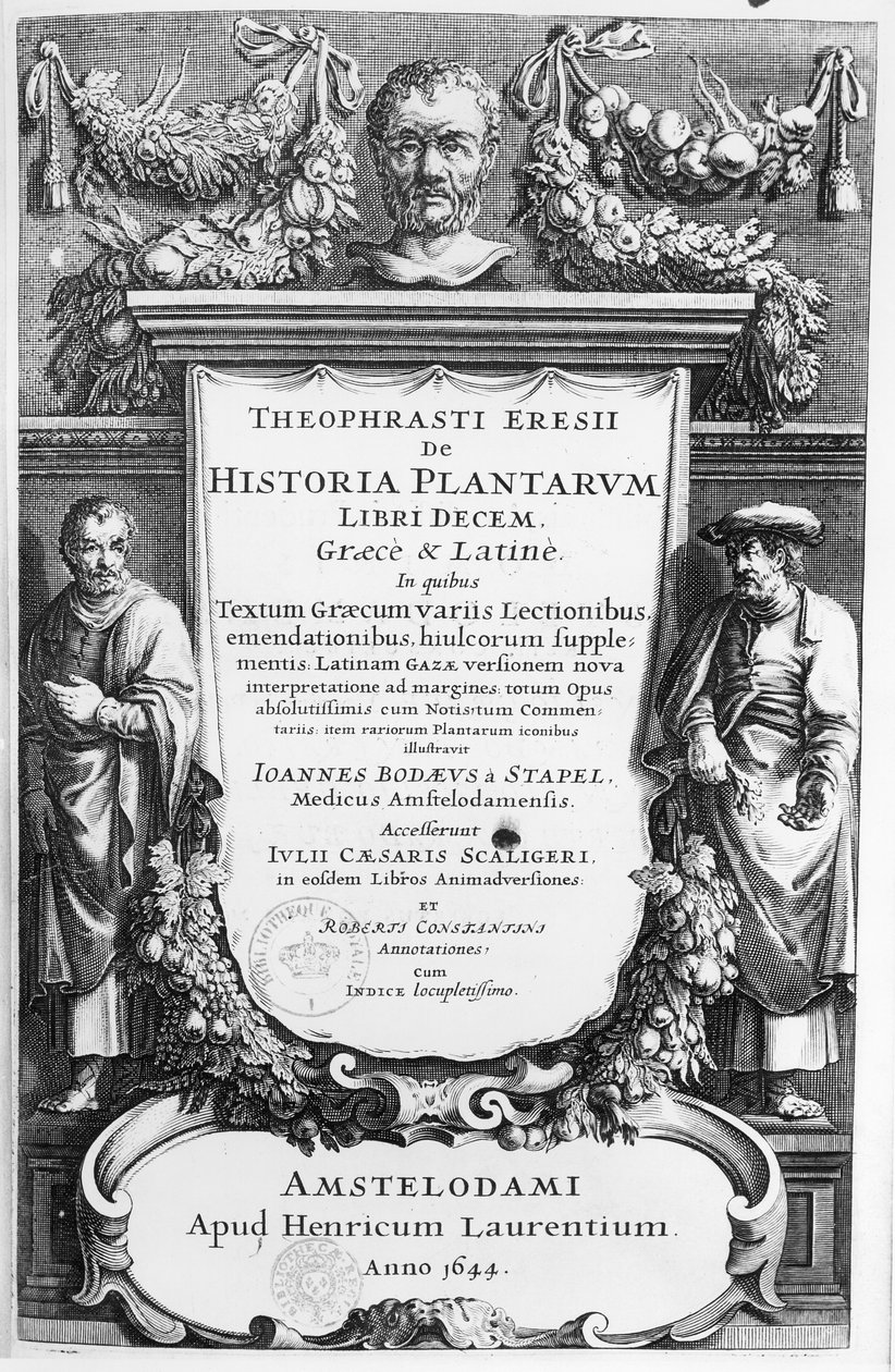 Theophrasztosz (i.e. 372-kb.287) 1644-ben Amszterdamban kiadott Historia Plantarum Libri Ten címlapja alkotó: Netherlandish School